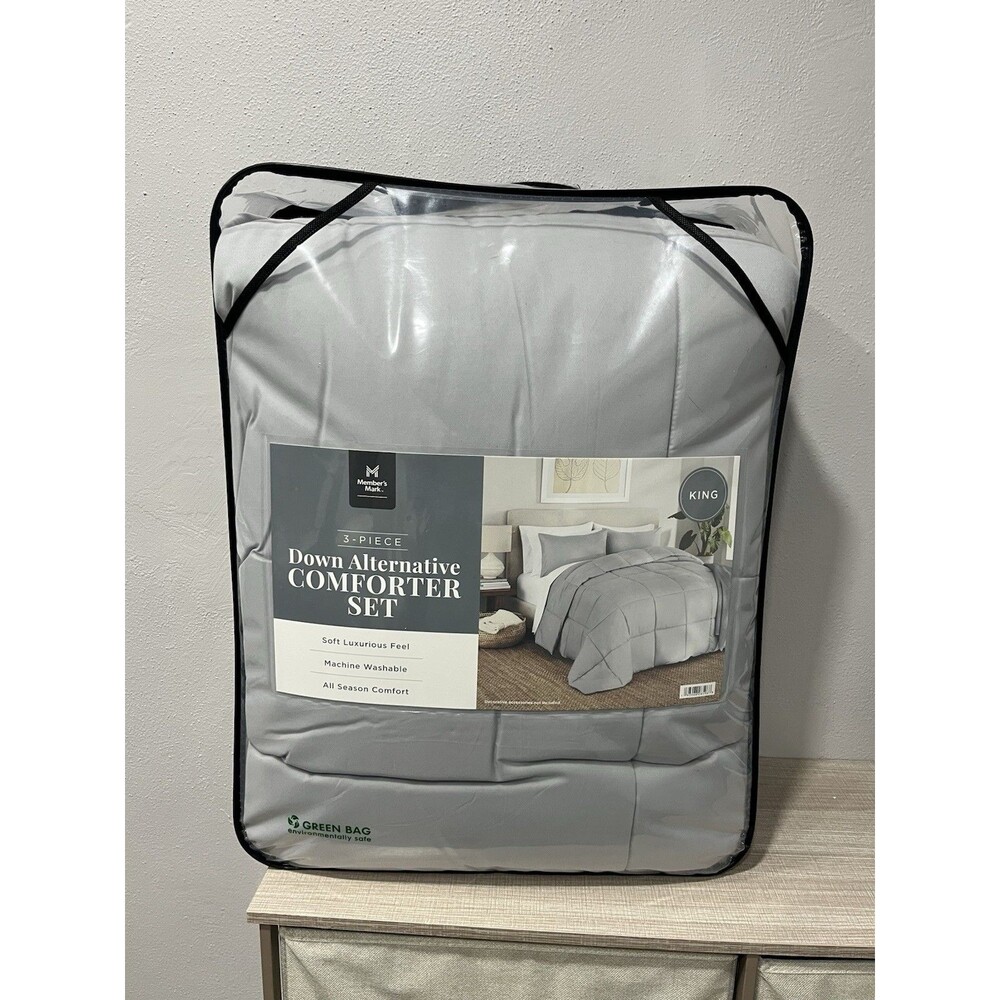NEW Member's Mark King Down Alternative Comforter Set 3 Piece Gray All Seasons